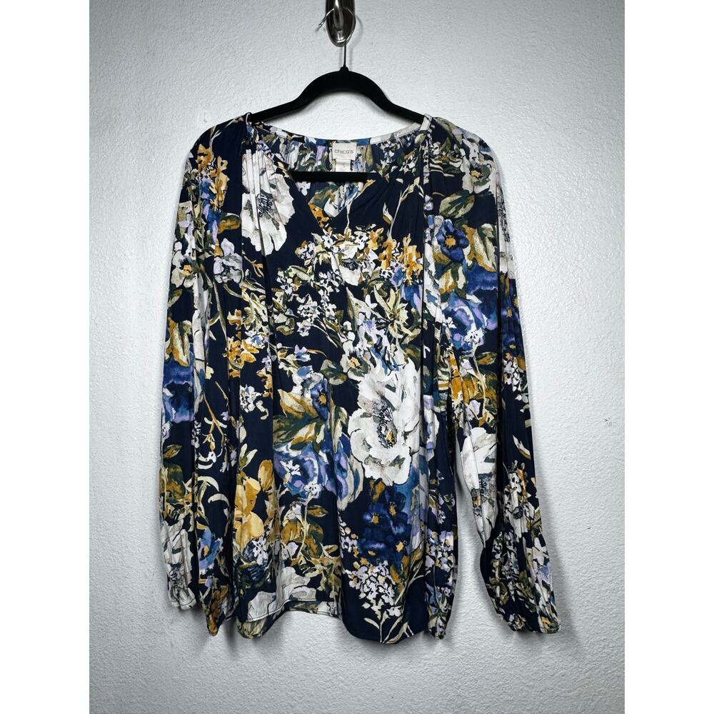 Chico's Floral Top Blue Yellow White Pullover Split Neck Long Sleeve Sz 3/XLd